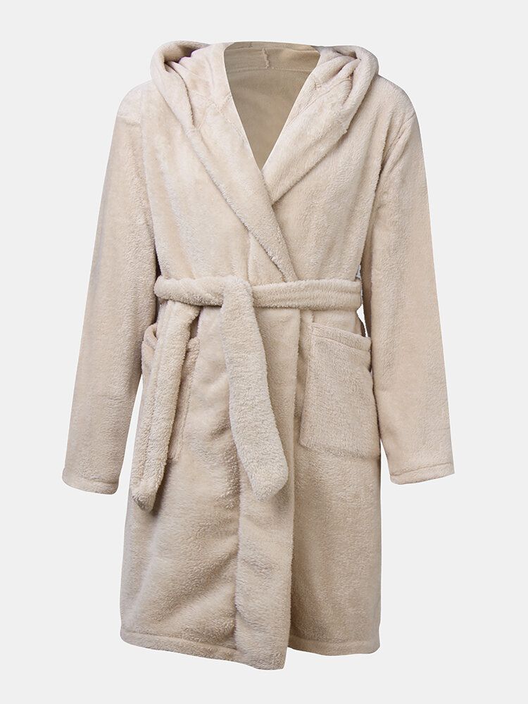 Warmer Einfarbiger Flanell-herren-bademantel Mit Kapuze Zum Schnüren