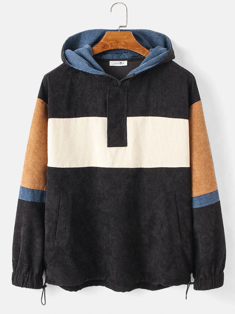 Herren-patchwork-cord-sweat-shoulder-freizeit-hoodies Mit Tasche