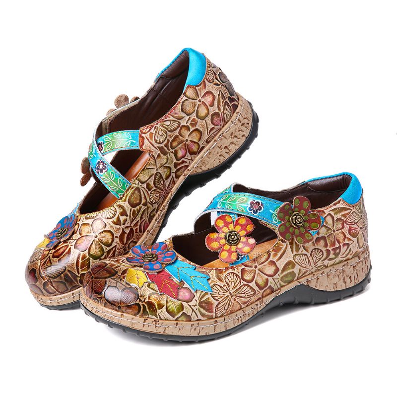 Flache Schuhe Aus Echtem Leder Im Retro-stil Mit Gespleißten Kreuzriemen Und Blumenhaken