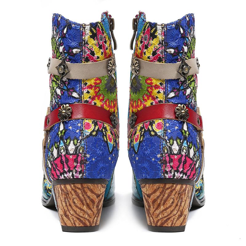 Frauen Tribal Printing Spleißen Blauer Reißverschluss Low Heel Rubber Short Boots