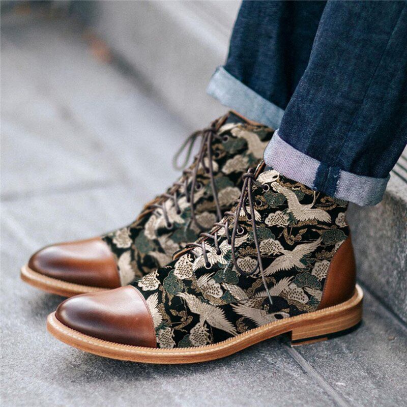 Herren Flying Crane Bedruckter Stoff Cap Toe Comfy Wearable Ankle Jack Boots