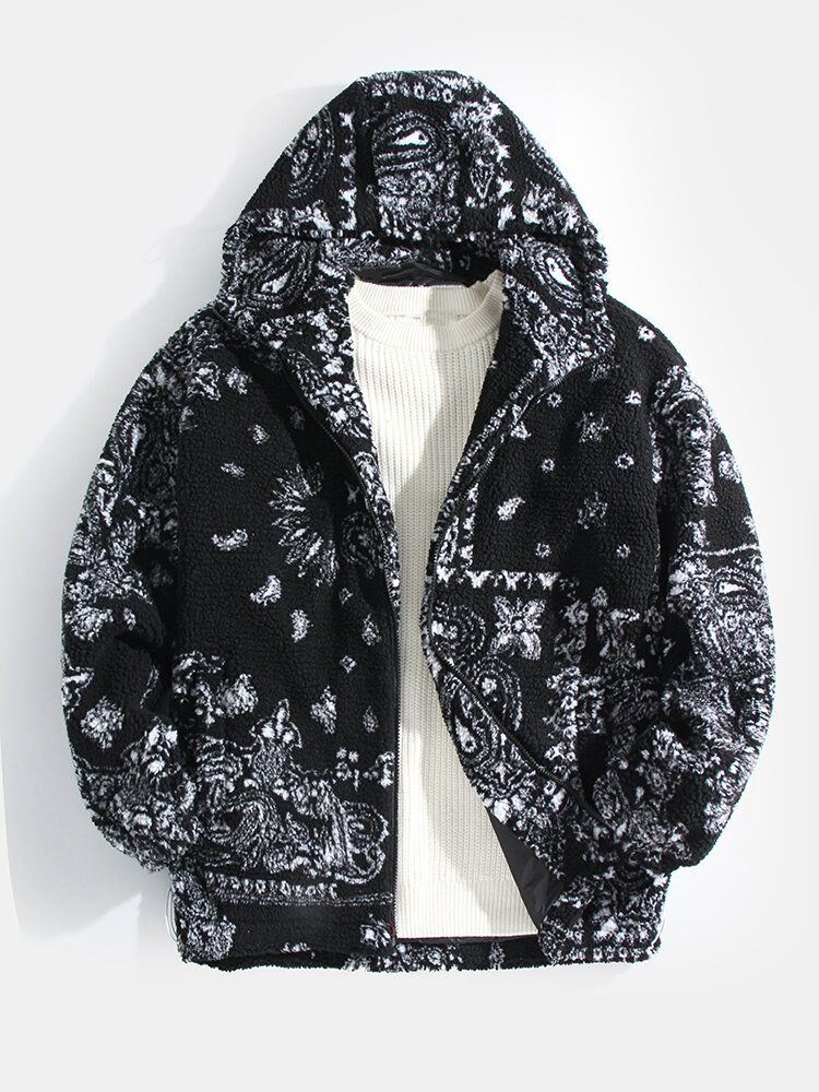 Warme Sherpa-kapuzenjacke Im Ethno-stil Mit Barockem Aufdruck Für Herren Mit Tasche