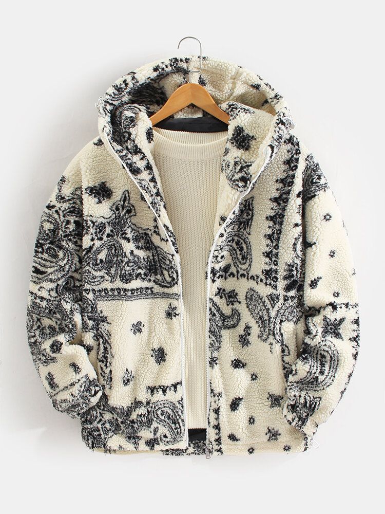 Warme Sherpa-kapuzenjacke Im Ethno-stil Mit Barockem Aufdruck Für Herren Mit Tasche