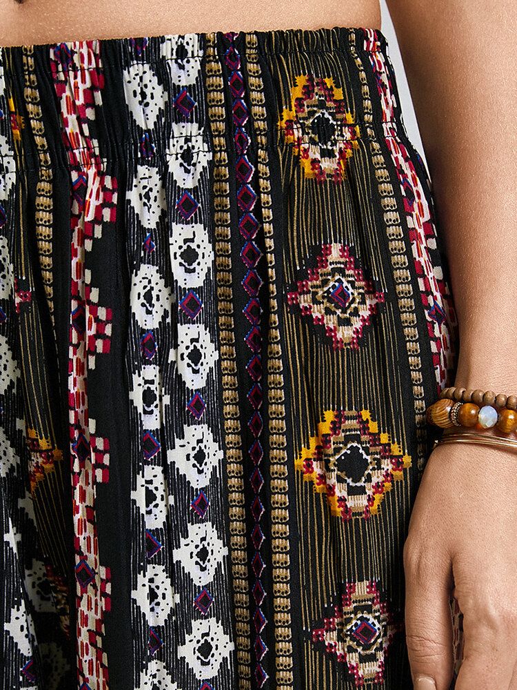 Bohemia Ethnic Print Elastische High Waist Wide Leg Lounge Hose Für Damen