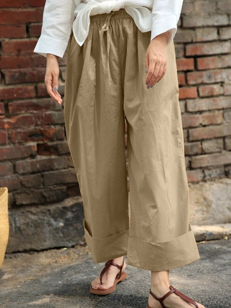 Frauen-beiläufige Kordelzug-taillen-feste Feiertags-weinlese-breite Bein-hosen Mit Taschen