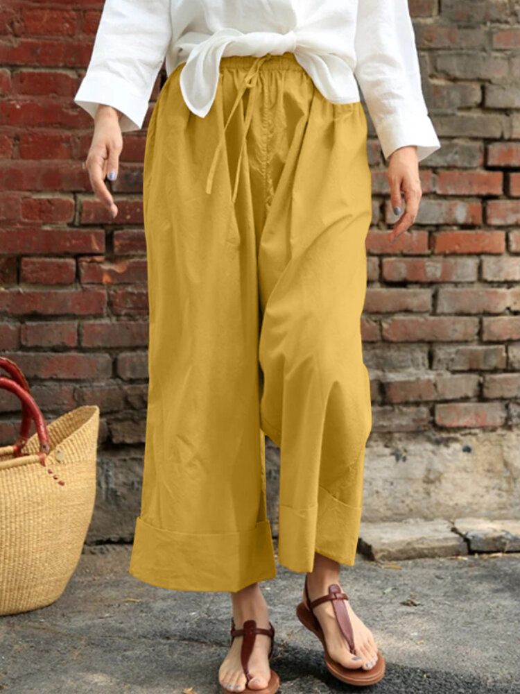 Frauen-beiläufige Kordelzug-taillen-feste Feiertags-weinlese-breite Bein-hosen Mit Taschen