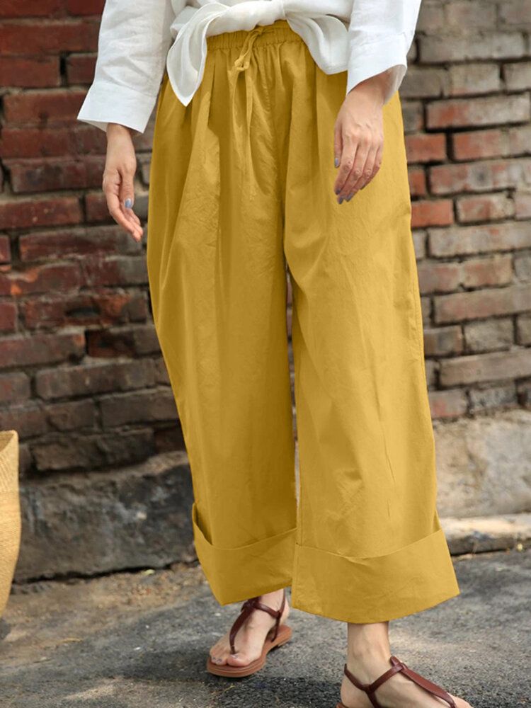 Frauen-beiläufige Kordelzug-taillen-feste Feiertags-weinlese-breite Bein-hosen Mit Taschen