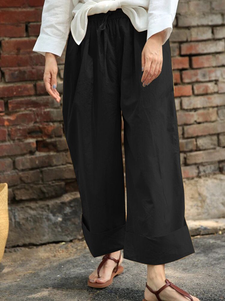 Frauen-beiläufige Kordelzug-taillen-feste Feiertags-weinlese-breite Bein-hosen Mit Taschen