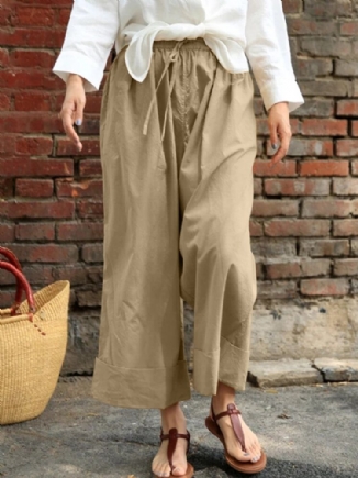 Frauen-beiläufige Kordelzug-taillen-feste Feiertags-weinlese-breite Bein-hosen Mit Taschen