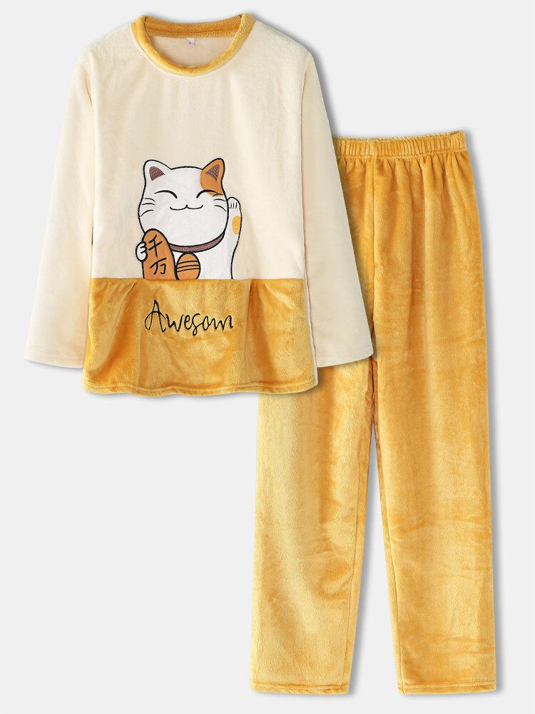 Frauen Verdicken Lucky Cat Letter Stickerei Flanell Gemütliche Elastische Taille Home Pyjama Set