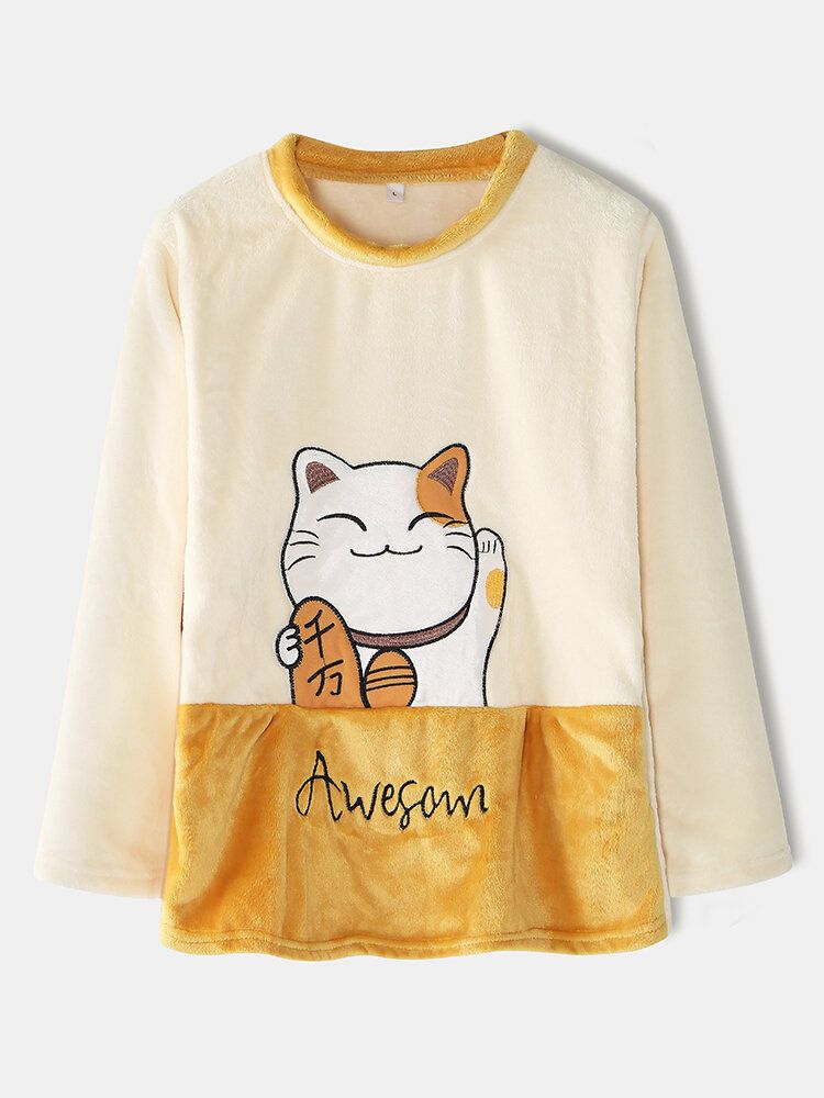 Frauen Verdicken Lucky Cat Letter Stickerei Flanell Gemütliche Elastische Taille Home Pyjama Set