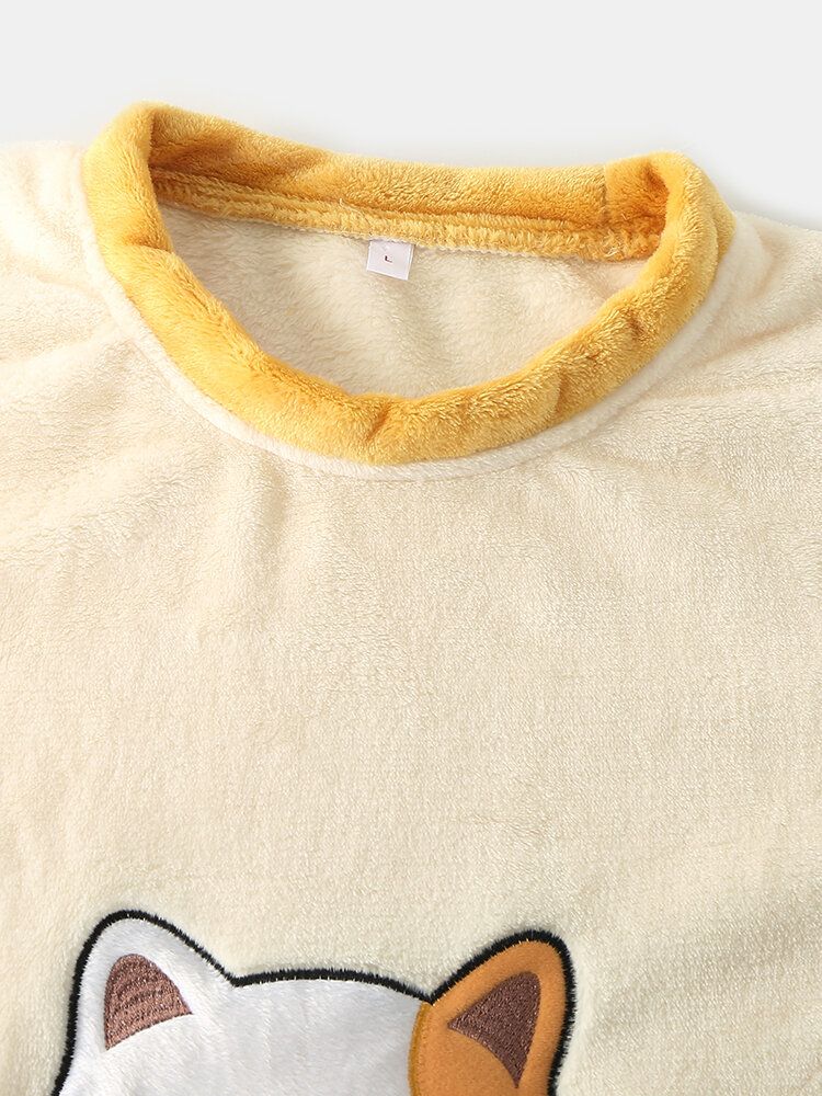 Frauen Verdicken Lucky Cat Letter Stickerei Flanell Gemütliche Elastische Taille Home Pyjama Set