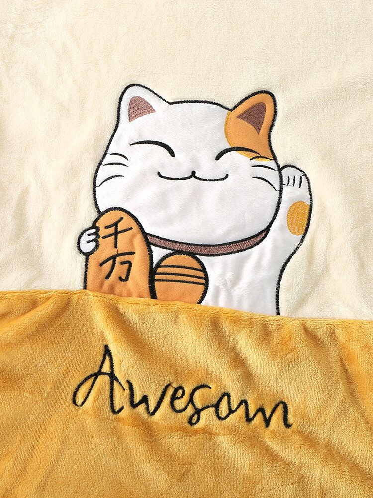 Frauen Verdicken Lucky Cat Letter Stickerei Flanell Gemütliche Elastische Taille Home Pyjama Set