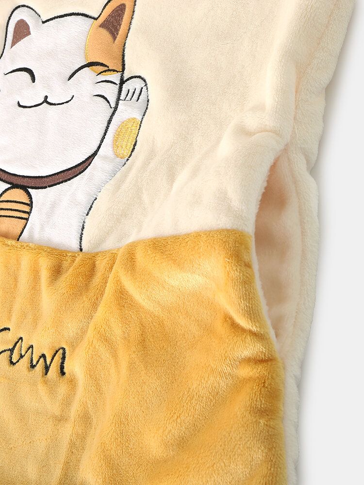 Frauen Verdicken Lucky Cat Letter Stickerei Flanell Gemütliche Elastische Taille Home Pyjama Set