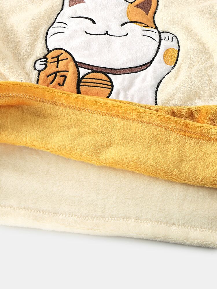 Frauen Verdicken Lucky Cat Letter Stickerei Flanell Gemütliche Elastische Taille Home Pyjama Set