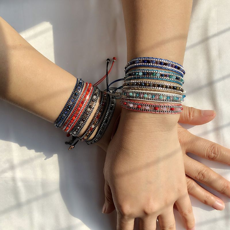 10 Farben-böhmisches Kristallperlen-armband Mehrschichtiges Seil Teleskopisch Justieren Frauen-armband