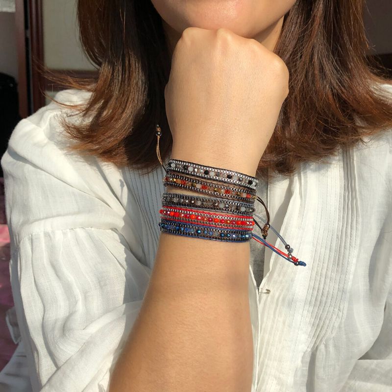 10 Farben-böhmisches Kristallperlen-armband Mehrschichtiges Seil Teleskopisch Justieren Frauen-armband