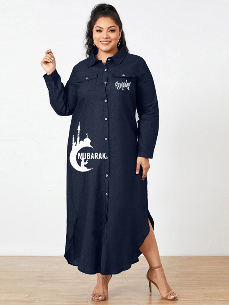 100 % Baumwolle Revers Halbe Ärmel Mit Seitentaschen Lässiges Lockeres Kleid Für Frauen