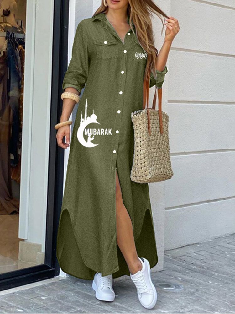 100 % Baumwolle Revers Halbe Ärmel Mit Seitentaschen Lässiges Lockeres Kleid Für Frauen
