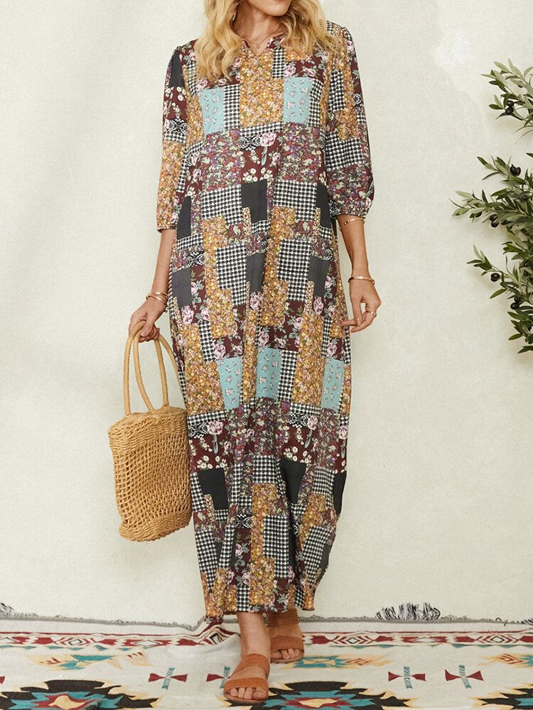 Frauen Colorblock Floral Plaid Print Vintage Maxikleid Mit Tasche