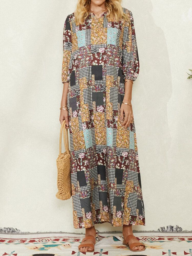 Frauen Colorblock Floral Plaid Print Vintage Maxikleid Mit Tasche