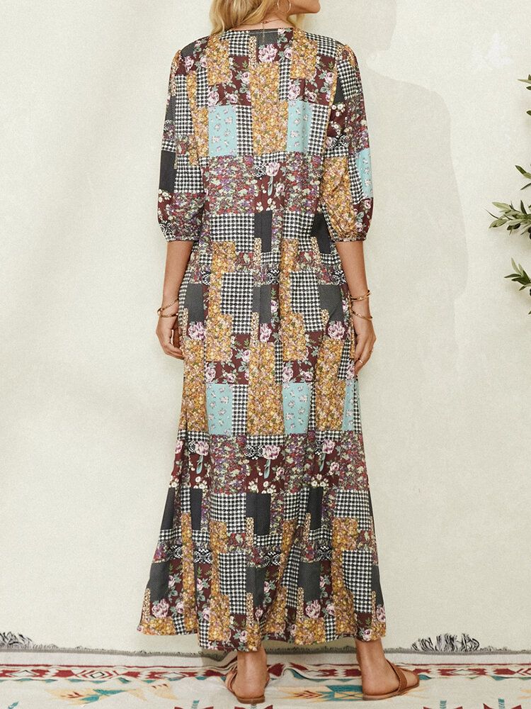Frauen Colorblock Floral Plaid Print Vintage Maxikleid Mit Tasche