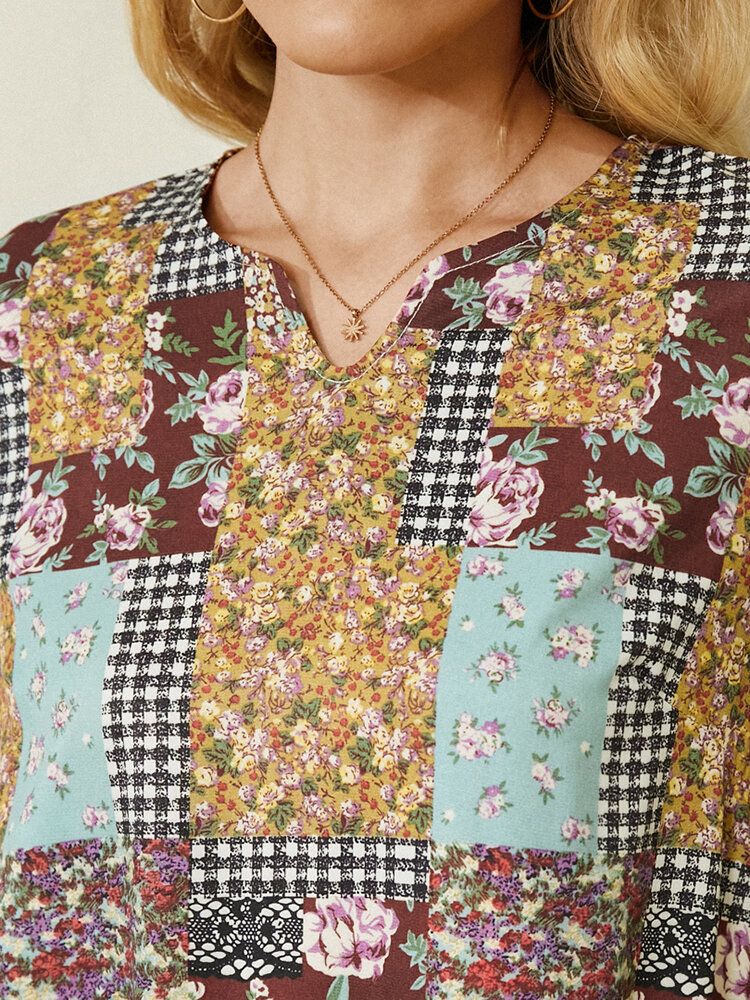 Frauen Colorblock Floral Plaid Print Vintage Maxikleid Mit Tasche