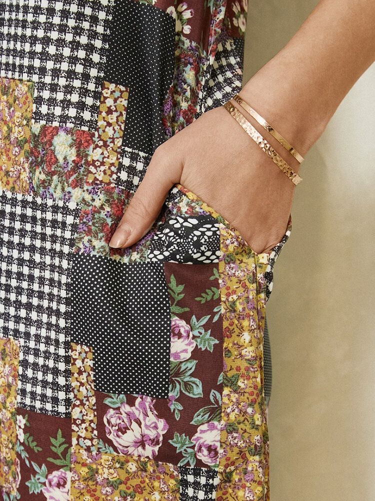 Frauen Colorblock Floral Plaid Print Vintage Maxikleid Mit Tasche