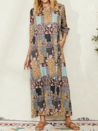 Frauen Colorblock Floral Plaid Print Vintage Maxikleid Mit Tasche