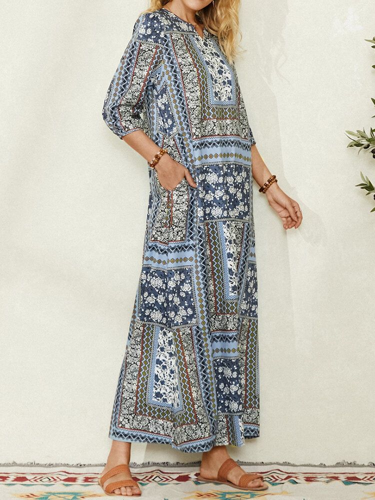 Frauen Ethnic Style Print V-ausschnitt Seitentasche 3/4 Ärmel Vintage Maxikleid