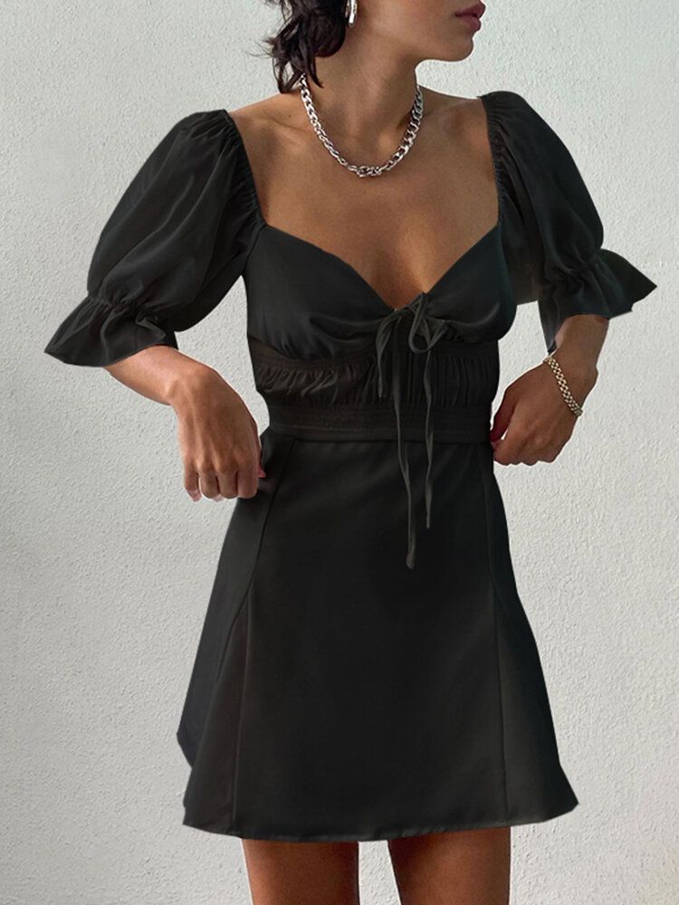 Frauen-puffärmel-kordelzug-taillen-feiertags-beiläufiges Kleid