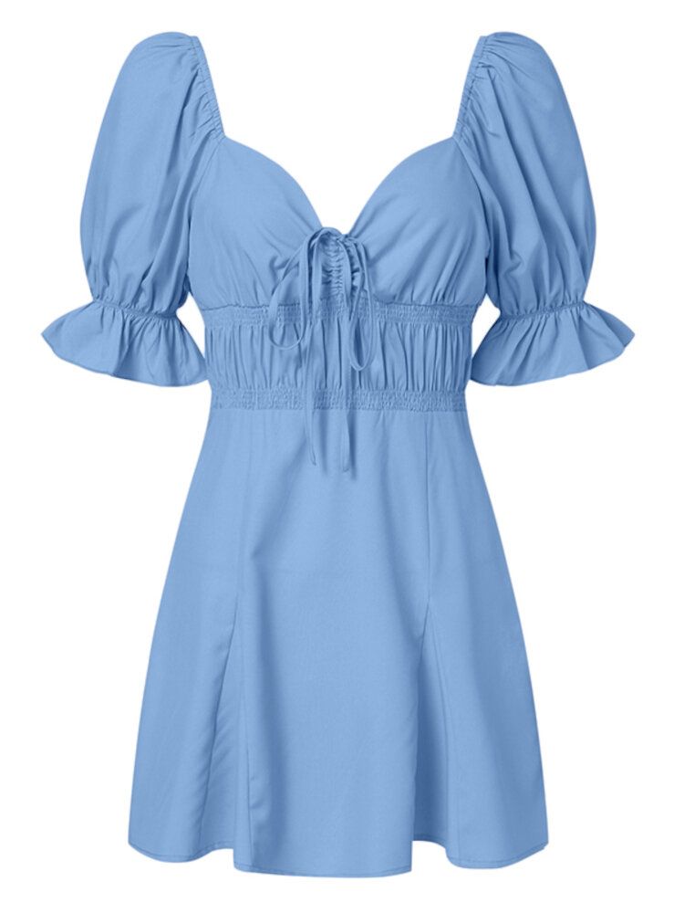 Frauen-puffärmel-kordelzug-taillen-feiertags-beiläufiges Kleid