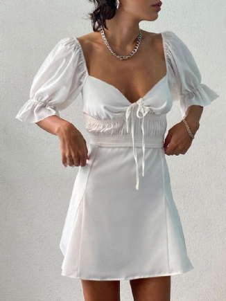 Frauen-puffärmel-kordelzug-taillen-feiertags-beiläufiges Kleid