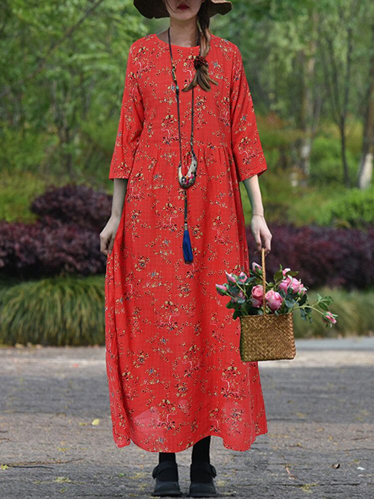 Frauen-weinlese-blumen-druck-o-ansatz 3/4 Hülsen-beiläufiges Feiertags-maxikleid