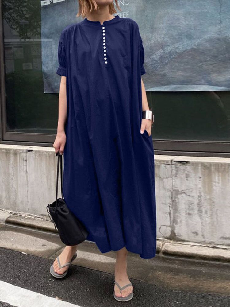 Legeres Einfarbiges Einfarbiges Maxikleid Mit Puffärmeln O-ausschnitt Falten Und Taschen