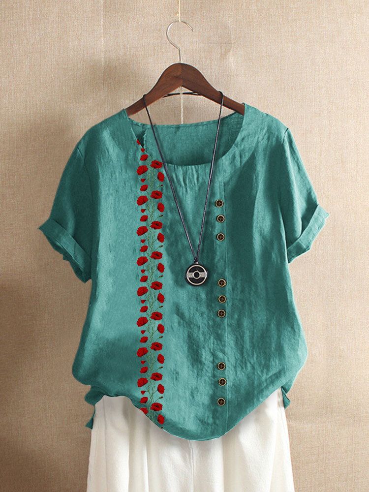 Kurzärmliges Freizeit-t-shirt Mit O-ausschnitt Und Blumendruck Für Frauen