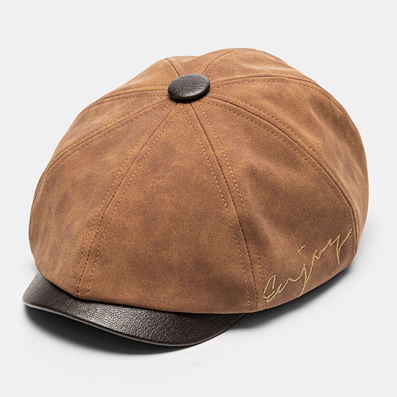 Collrown Herren Rub Color Pu Distressed Letter Embroidery Vintage Octagonal Hat Flat Cap