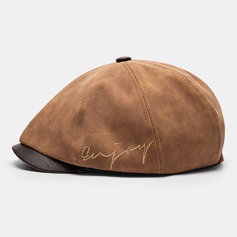 Collrown Herren Rub Color Pu Distressed Letter Embroidery Vintage Octagonal Hat Flat Cap