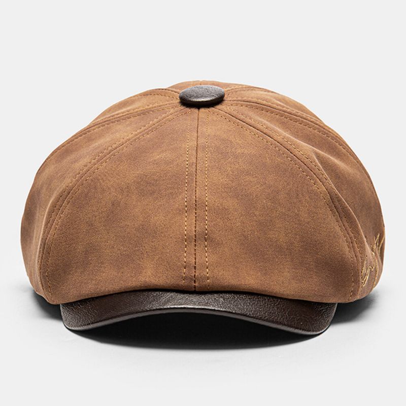 Collrown Herren Rub Color Pu Distressed Letter Embroidery Vintage Octagonal Hat Flat Cap