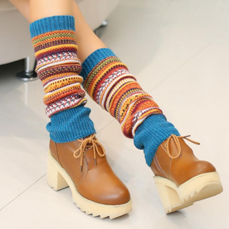 Senshoes Vintage Color Striped Fashion Piles Socken Stiefel Leggings Korean Legs