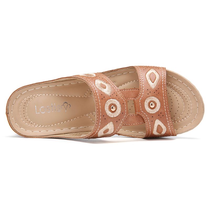 Bequeme Lässige Keilsandalen Mit Offener Zehenpartie Und Stickerei Für Damen