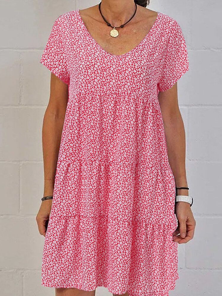 Damen Retro V-ausschnitt Blumen Urlaub Kurzarm Lagen Casual Midi Kleid