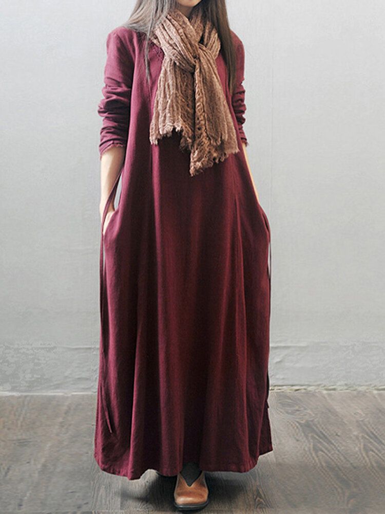 Frauen Langarm Solid Color Stickmuster Vintage Knöchellangen Midi-kleider