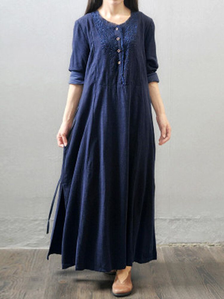 Frauen Langarm Solid Color Stickmuster Vintage Knöchellangen Midi-kleider