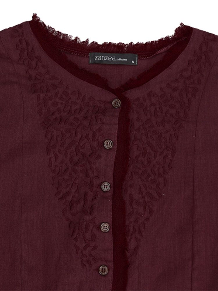 Frauen Langarm Solid Color Stickmuster Vintage Knöchellangen Midi-kleider
