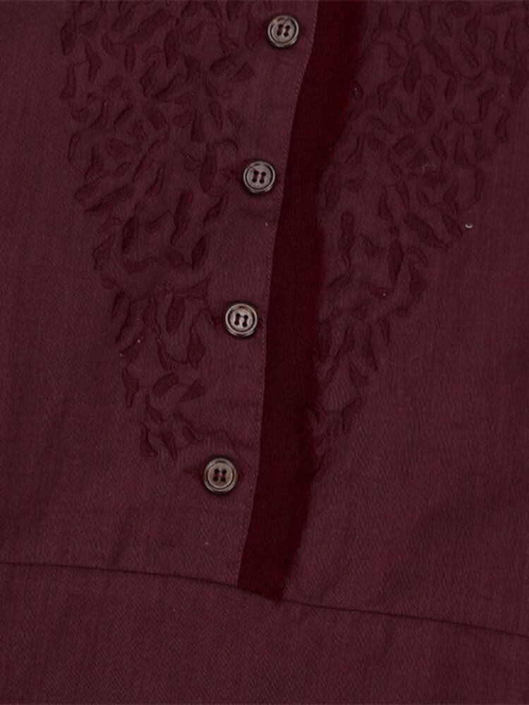 Frauen Langarm Solid Color Stickmuster Vintage Knöchellangen Midi-kleider