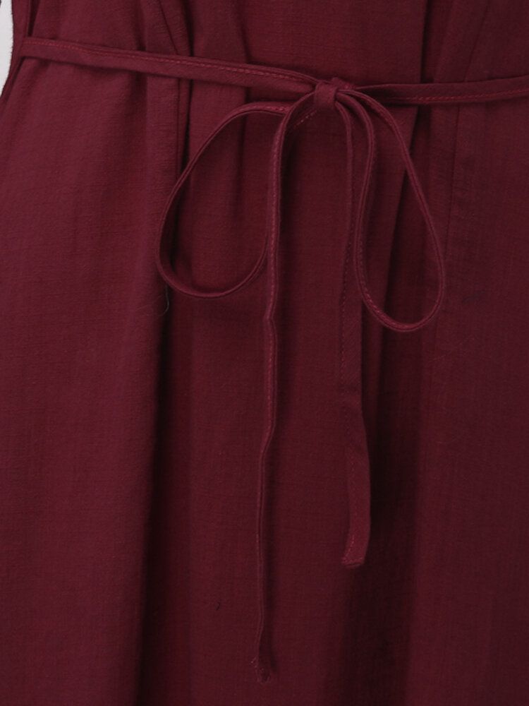 Frauen Langarm Solid Color Stickmuster Vintage Knöchellangen Midi-kleider