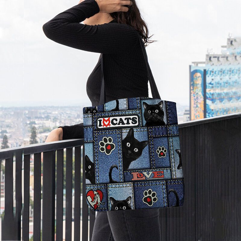 Frauen Filz Cartoon Schwarze Katze Gitterrahmen Muster Umhängetasche Handtasche Tote