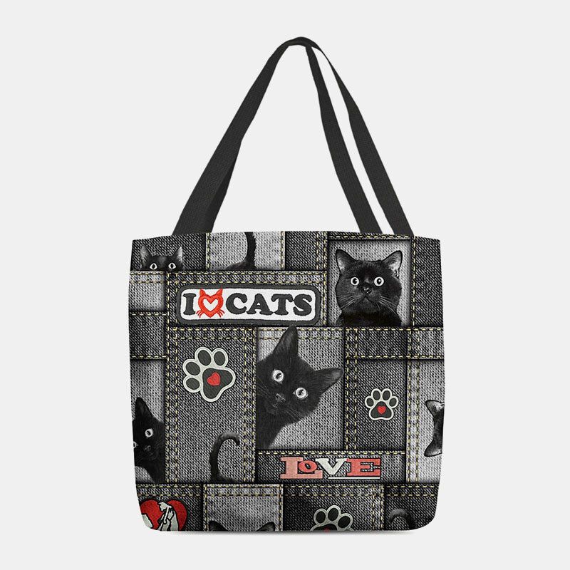 Frauen Filz Cartoon Schwarze Katze Gitterrahmen Muster Umhängetasche Handtasche Tote