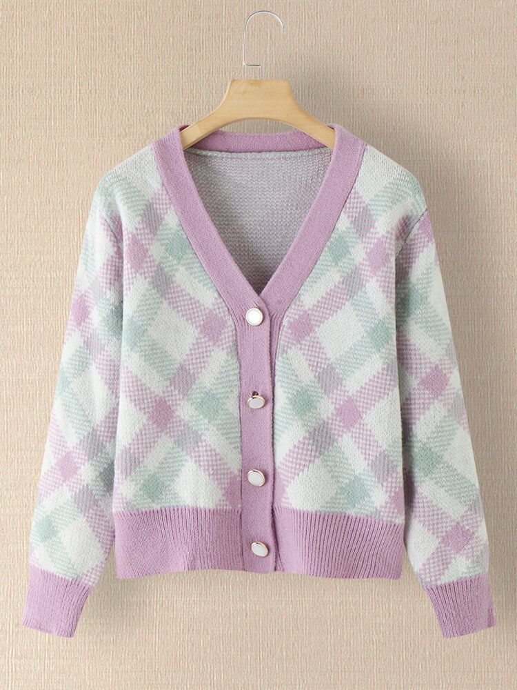 Damen Cardigan Mit Karomuster Und V-ausschnitt Gestrickt Mit Elastischen Bündchen